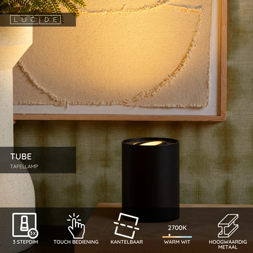 Lucide TUBE - Tafellamp - Ø 9,6 cm - LED 3 StepDim - GU10 - 1x5W 2700K - Zwart - USP